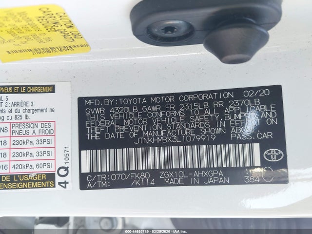 2020 Toyota C-hr Xle მანქანა იყიდება აუქციონზე, vin: JTNKHMBX3L1079919, აუქციონის ნომერი: 44693789