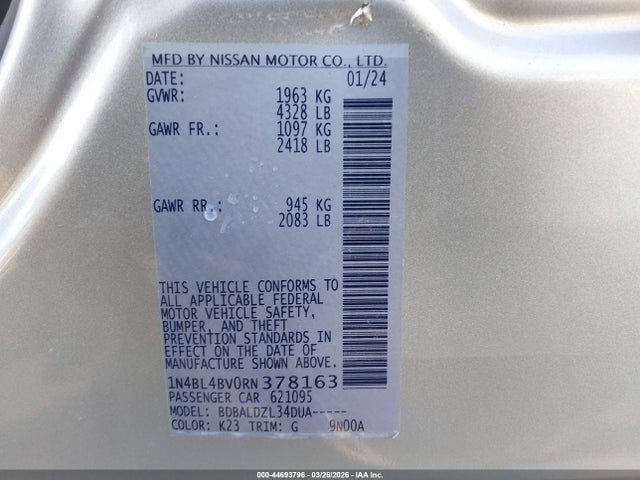 Продаж на аукціоні авто 2024 Nissan Altima S Fwd, vin: 1N4BL4BV0RN378163, номер лоту: 44693796