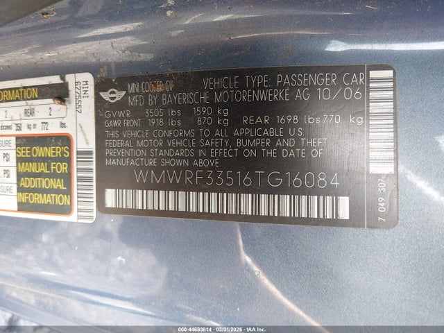 Продаж на аукціоні авто 2006 Mini Cooper, vin: WMWRF33516TG16084, номер лоту: 44693814