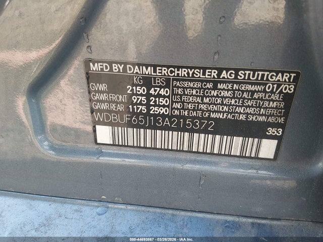 Продаж на аукціоні авто 2003 Mercedes-benz E 320, vin: WDBUF65J13A215372, номер лоту: 44693867