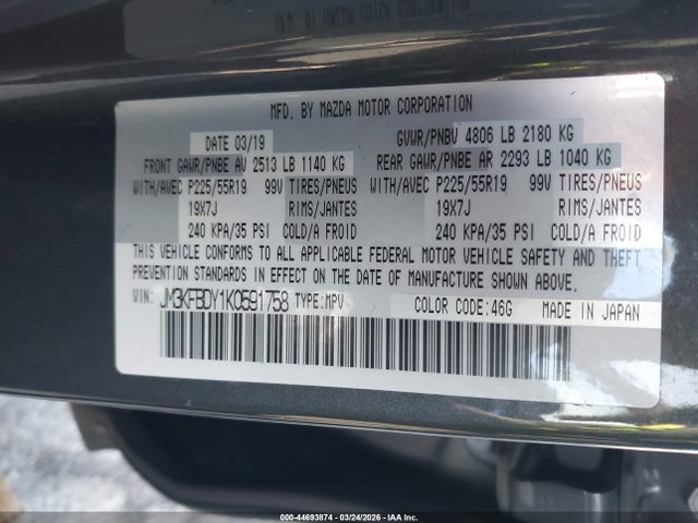 44693874 :رقم المزاد ، JM3KFBDY1K0591758 vin ، 2019 Mazda Cx-5 Grand Touring Reserve مزاد بيع