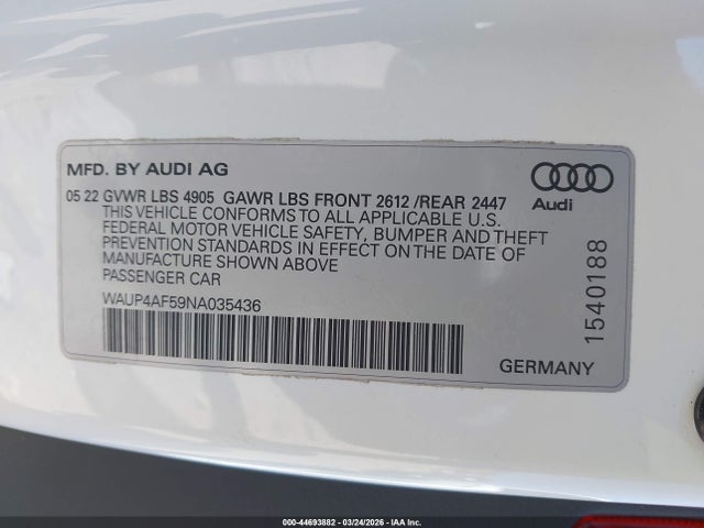Aukcja sprzedaży 2022 Audi S5 Premium Plus Tfsi Quattro Tiptronic, vin: WAUP4AF59NA035436, numer aukcji: 44693882