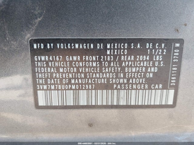 Aukcja sprzedaży 2023 Volkswagen Jetta 1.5t Se, vin: 3VW7M7BU0PM012987, numer aukcji: 44693881