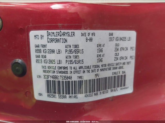 Продажа на аукционе авто 2001 Chrysler Pt Cruiser, vin: 3C8FY4BB61T535040, номер лота: 44693886