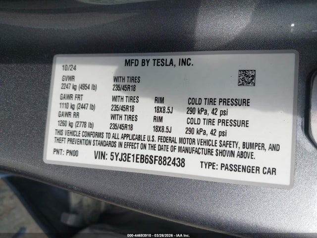 Aukcja sprzedaży 2025 Tesla Model 3 Long Range All-wheel Drive, vin: 5YJ3E1EB6SF882438, numer aukcji: 44693910