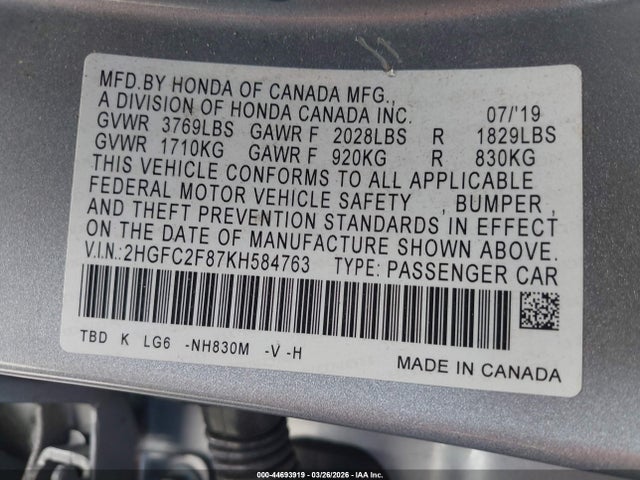 Honda Civic Sport 2019 2HGFC2F87KH584763 Image 9