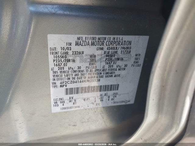 Aukcja sprzedaży 2004 Mazda Tribute Lx V6, vin: 4F2CZ04144KM25138, numer aukcji: 44693952