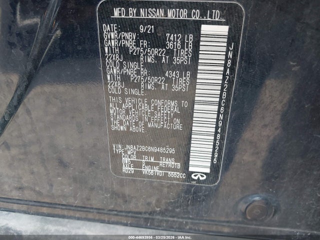 44693956 :رقم المزاد ، JN8AZ2BC6N9485295 vin ، 2022 Infiniti Qx80 Sensory Awd مزاد بيع