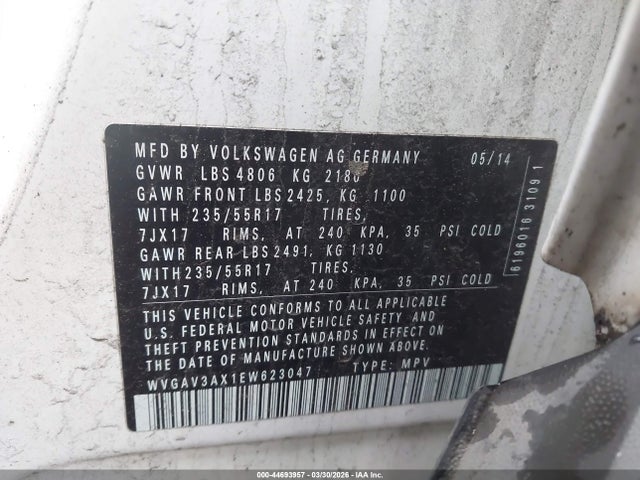 Продаж на аукціоні авто 2014 Volkswagen Tiguan Se, vin: WVGAV3AX1EW623047, номер лоту: 44693957