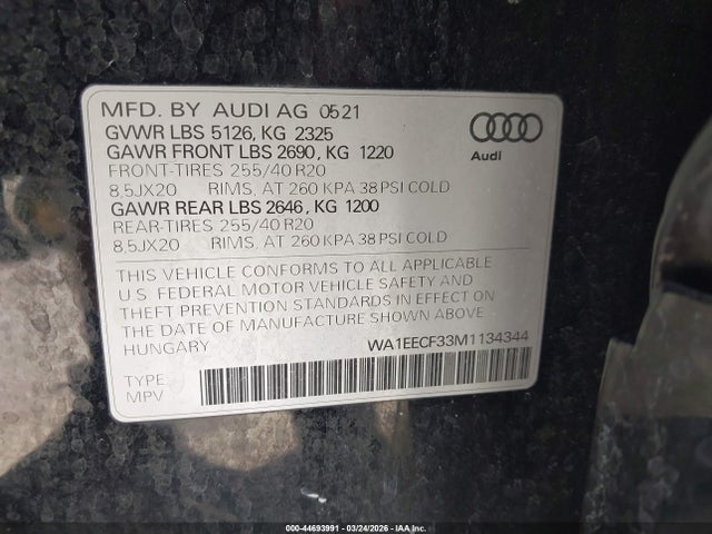 44693991 :رقم المزاد ، WA1EECF33M1134344 vin ، 2021 Audi Q3 Premium Plus 45 Tfsi S Line Quattro Tiptronic مزاد بيع