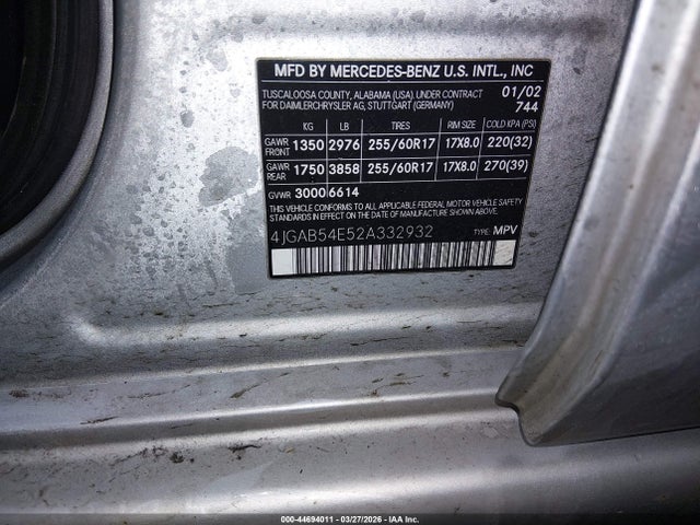 Aukcja sprzedaży 2002 Mercedes-benz Ml 320, vin: 4JGAB54E52A332932, numer aukcji: 44694011
