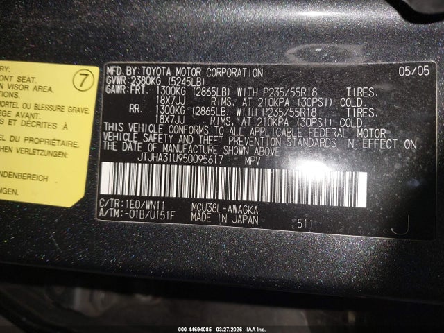 44694085 :رقم المزاد ، JTJHA31U950095617 vin ، 2005 Lexus Rx 330 مزاد بيع