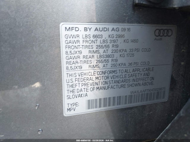 44694100 :رقم المزاد ، WA1LAAF7XHD028875 vin ، 2017 Audi Q7 3.0t Premium مزاد بيع