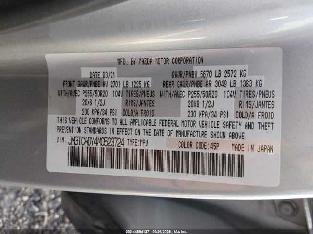 2021 Mazda Cx-9 Grand Touring მანქანა იყიდება აუქციონზე, vin: JM3TCADY4M0523724, აუქციონის ნომერი: 44694137