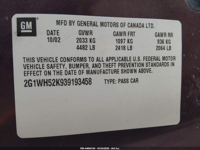 Продажа на аукционе авто 2003 Chevrolet Impala Ls, vin: 2G1WH52K939193458, номер лота: 44694184