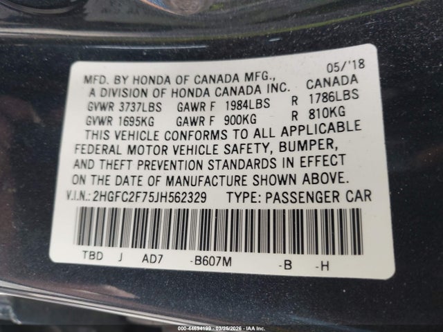 2018 Honda Civic Ex მანქანა იყიდება აუქციონზე, vin: 2HGFC2F75JH562329, აუქციონის ნომერი: 44694199