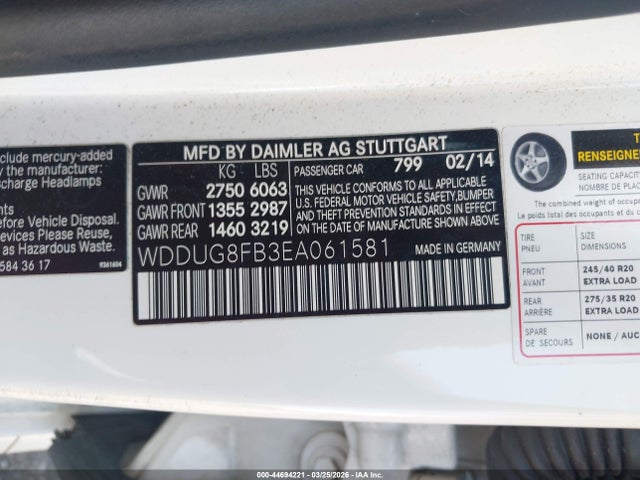 44694221 :رقم المزاد ، WDDUG8FB3EA061581 vin ، 2014 Mercedes-benz S 550 4matic مزاد بيع