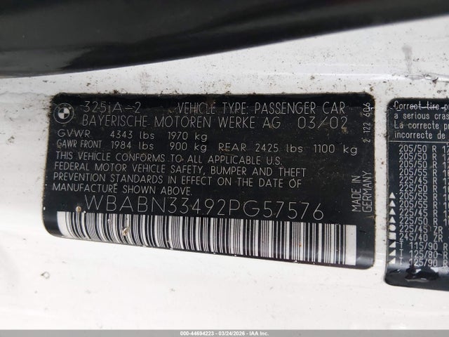 Продаж на аукціоні авто 2002 Bmw 325ci, vin: WBABN33492PG57576, номер лоту: 44694223