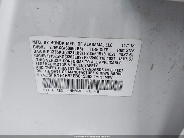Honda Pilot Touring 2014 5FNYF4H92EB015393 Image 9