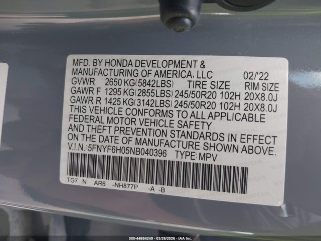 2022 HONDA PILOT 5FNYF6H05NB040396 Photo 8
