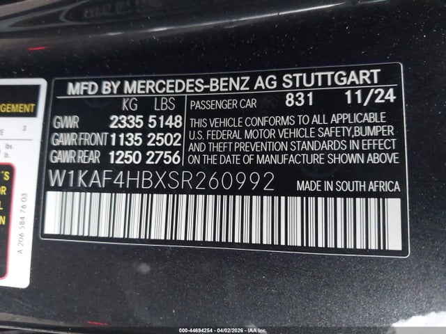 2025 Mercedes-benz C 300 მანქანა იყიდება აუქციონზე, vin: W1KAF4HBXSR260992, აუქციონის ნომერი: 44694254