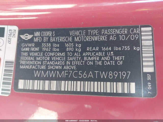 2010 MINI COOPER S WMWMF7C56ATW89197 Photo 8