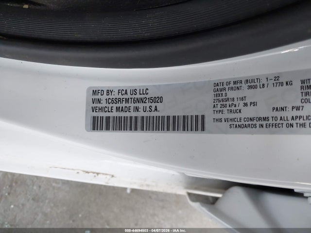 2022 Ram 1500 მანქანა იყიდება აუქციონზე, vin: 1C6SRFMT6NN215020, აუქციონის ნომერი: 44694503