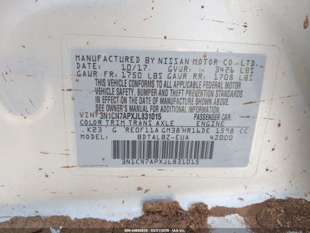 2018 Nissan Versa 1.6 Sv მანქანა იყიდება აუქციონზე, vin: 3N1CN7APXJL831015, აუქციონის ნომერი: 44694528