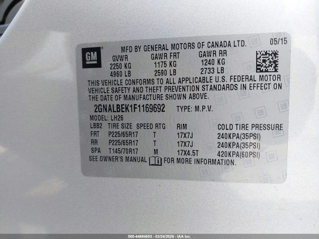 Продажа на аукционе авто 2015 Chevrolet Equinox 1lt, vin: 2GNALBEK1F1169692, номер лота: 44694553