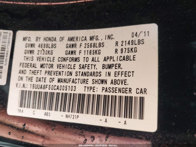 44694564 :رقم المزاد ، 19UUA8F50CA005103 vin ، 2012 Acura Tl 3.5 مزاد بيع