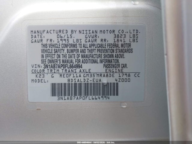 3N1AB7AP0FL664994 Nissan Sentra Fe+ S/s/sl/sr/sv