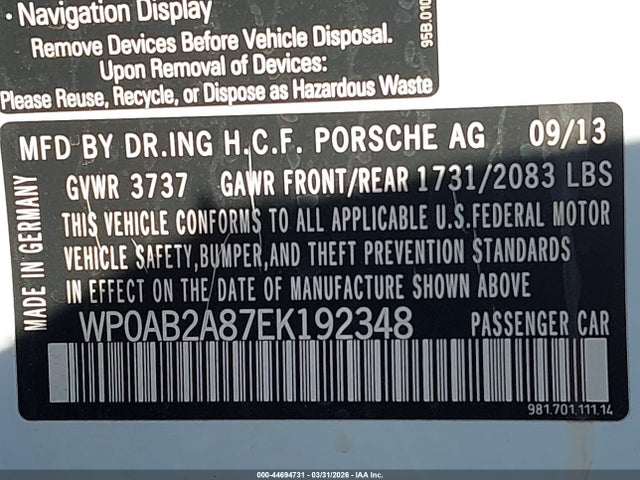 WP0AB2A87EK192348 Porsche Cayman S