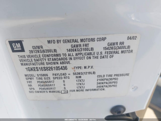 Aukcja sprzedaży 2002 Gmc Envoy Xl Slt, vin: 1GKES16S826105436, numer aukcji: 44694770