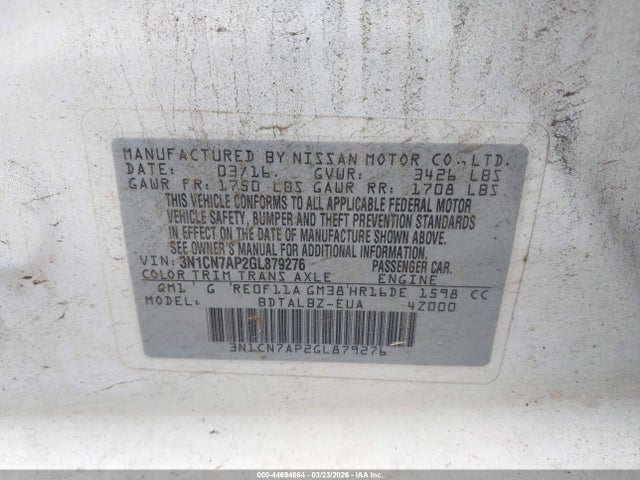 3N1CN7AP2GL879276 Nissan Versa 1.6 S/1.6 S+/1.6 Sl/1.6 Sv