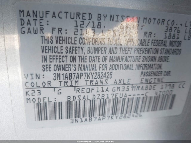 3N1AB7AP7KY282426 Nissan SENTRA SV