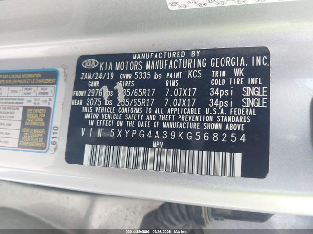 5XYPG4A39KG568254 KIA Sorento 2.4l Lx