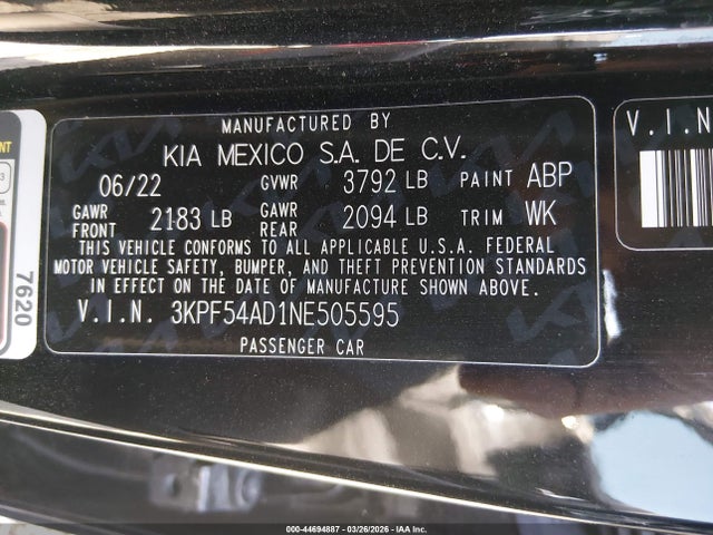 Продажа на аукционе авто 2022 Kia Forte Gt-line, vin: 3KPF54AD1NE505595, номер лота: 44694887