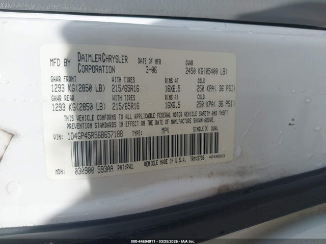 Aukcja sprzedaży 2006 Dodge Caravan Sxt, vin: 1D4GP45R56B657188, numer aukcji: 44694911