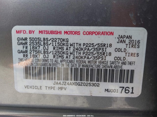 Продаж на аукціоні авто 2016 Mitsubishi Outlander Gt, vin: JA4JZ4AX0GZ025302, номер лоту: 44694915