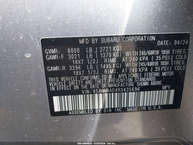 2024 Subaru Ascent Base 8-passenger მანქანა იყიდება აუქციონზე, vin: 4S4WMAAD4R3435696, აუქციონის ნომერი: 44694924
