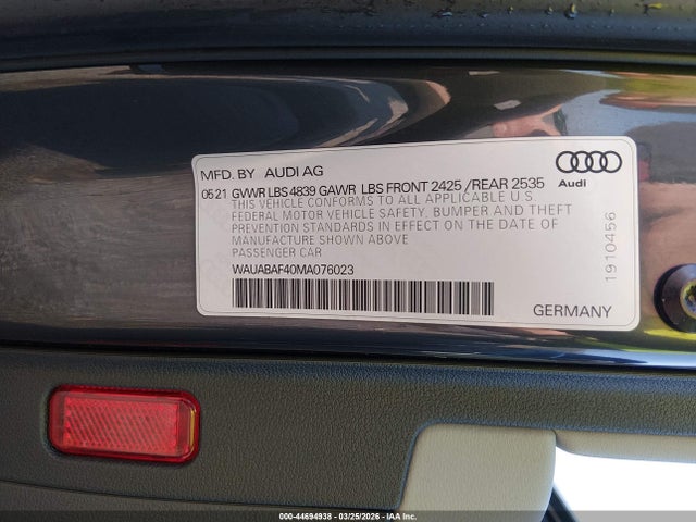 44694938 :رقم المزاد ، WAUABAF40MA076023 vin ، 2021 Audi A4 Premium 40 Tfsi Quattro S Tronic مزاد بيع