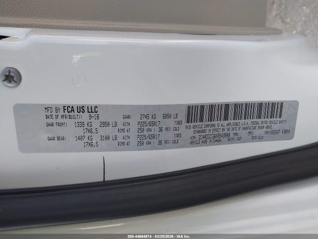Aukcja sprzedaży 2019 Dodge Grand Caravan Sxt, vin: 2C4RDGCG6KR543908, numer aukcji: 44694974