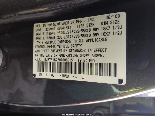 Aukcja sprzedaży 2009 Acura Rdx, vin: 5J8TB18229A008015, numer aukcji: 44694978