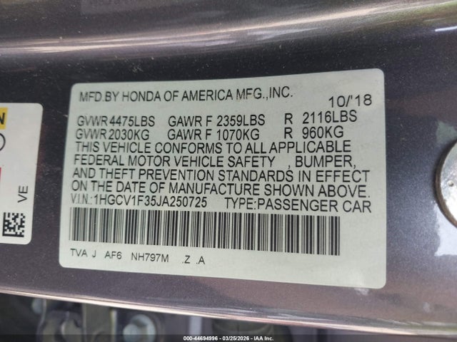 2018 Honda Accord Sport მანქანა იყიდება აუქციონზე, vin: 1HGCV1F35JA250725, აუქციონის ნომერი: 44694996