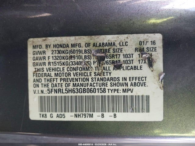 5FNRL5H63GB060158 Honda Odyssey Ex-l