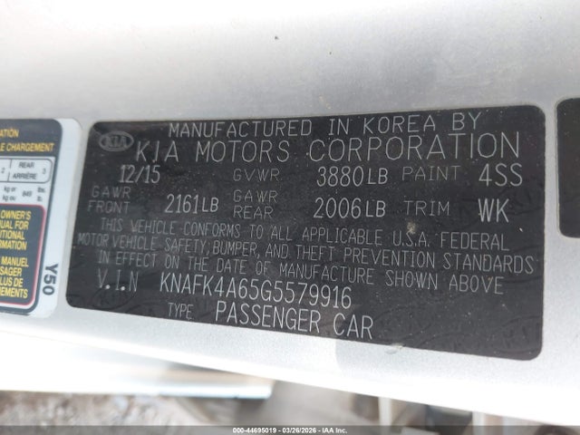 44695019 :رقم المزاد ، KNAFK4A65G5579916 vin ، 2016 Kia Forte Lx مزاد بيع
