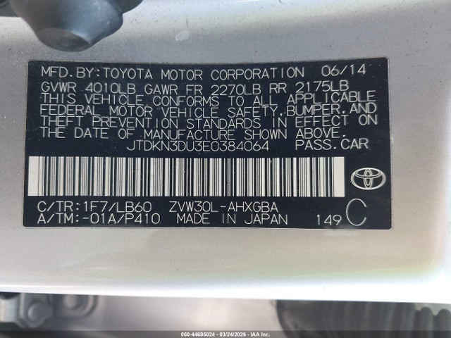 JTDKN3DU3E0384064 Toyota Prius Five