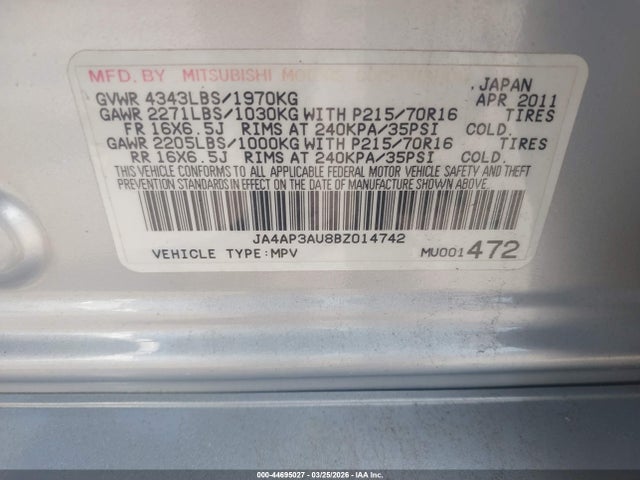 2011 MITSUBISHI OUTLANDER SPORT JA4AP3AU8BZ014742 Photo 8