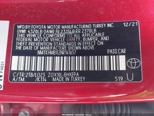 44695029 :رقم المزاد ، NMTKHMBX2NR141657 vin ، 2022 Toyota C-hr Limited مزاد بيع