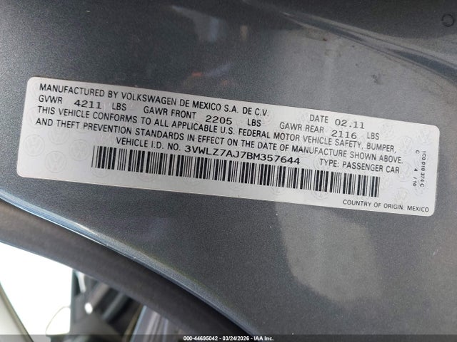 44695042 :رقم المزاد ، 3VWLZ7AJ7BM357644 vin ، 2011 Volkswagen Jetta 2.5l Sel مزاد بيع